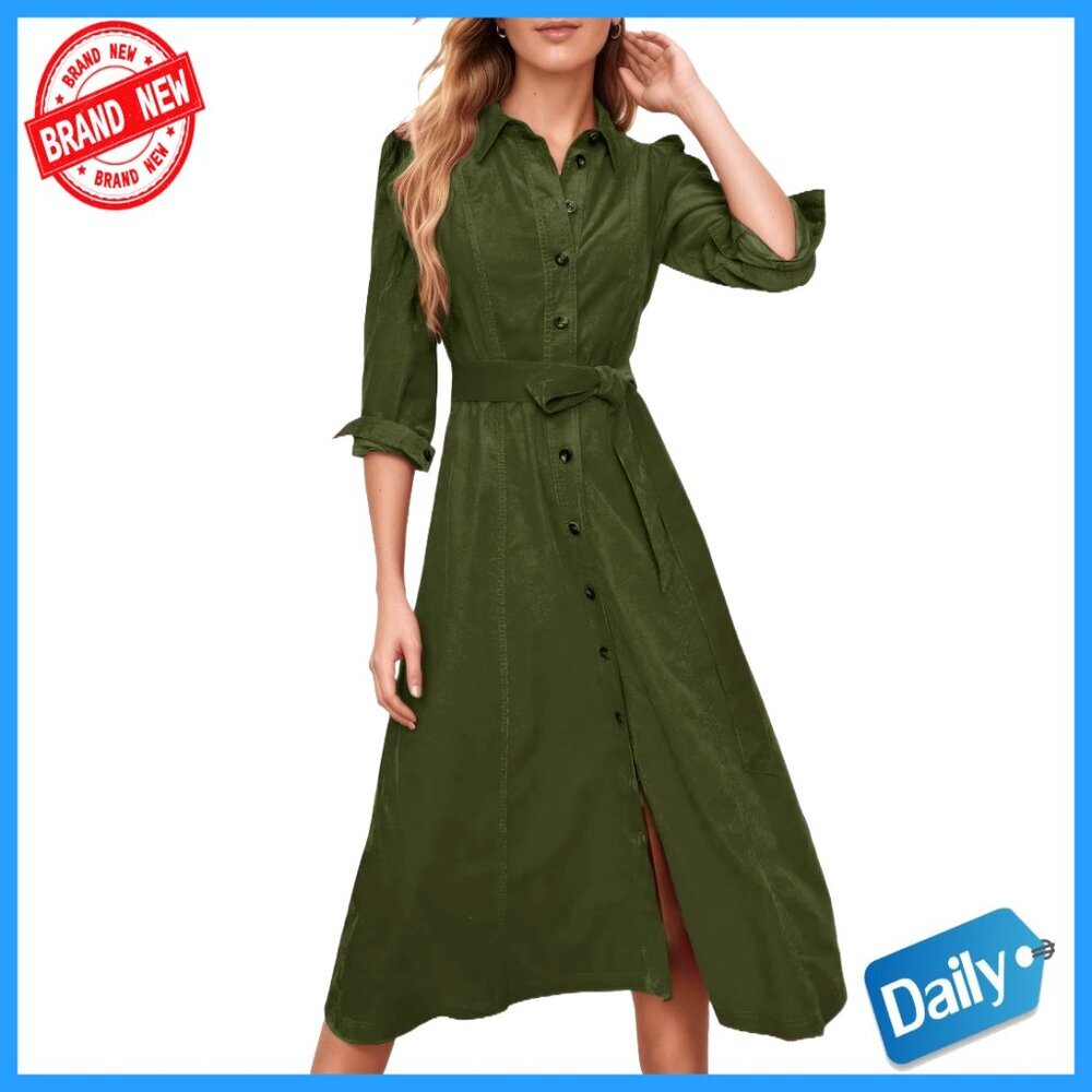 Corduroy Maxi Dress Long Sleeve Button Down Shirt Dress with Belt Fall Chic